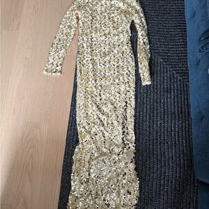Fashion Nova Champagne Gold Sequin Long Sleeve Maxi Dress